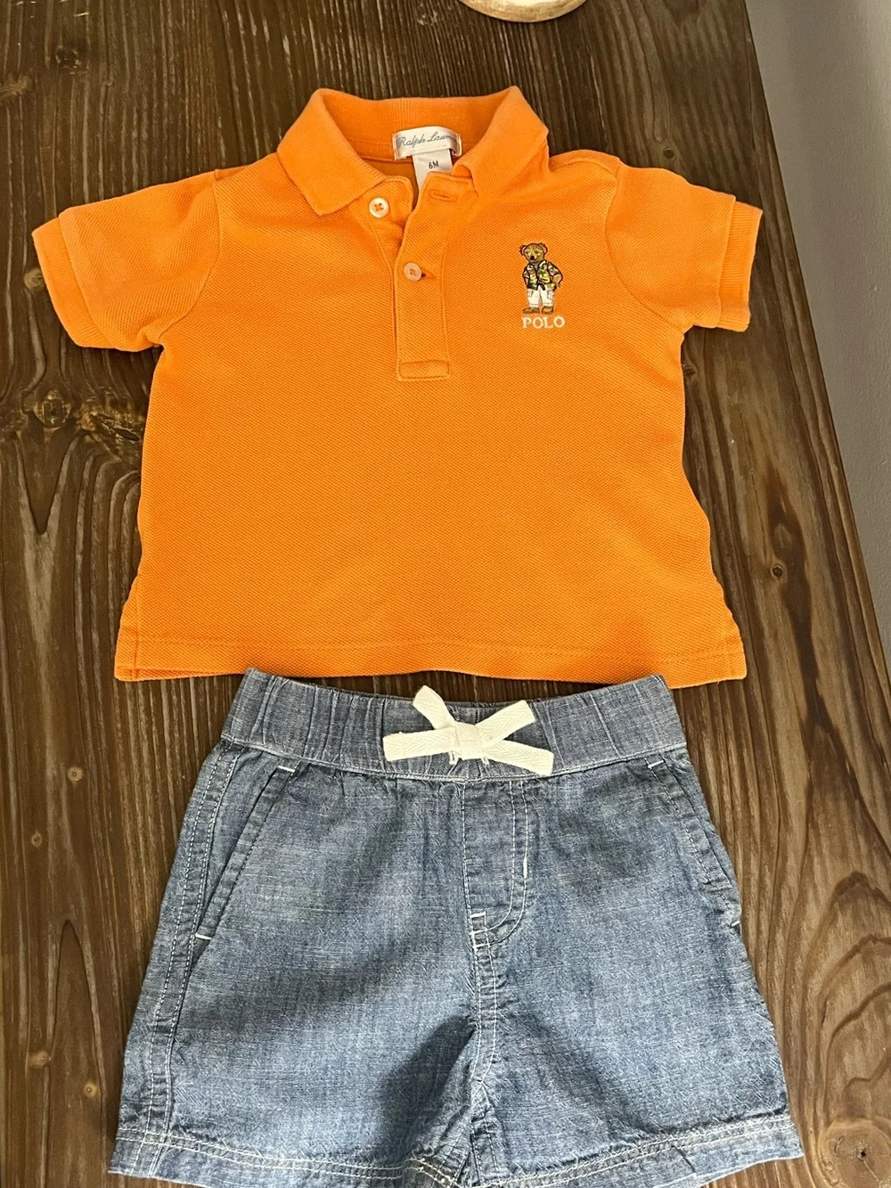 Ralph Lauren 2-pc Orange Pique Polo Shirt Chambray Shorts Set Size 6 Months